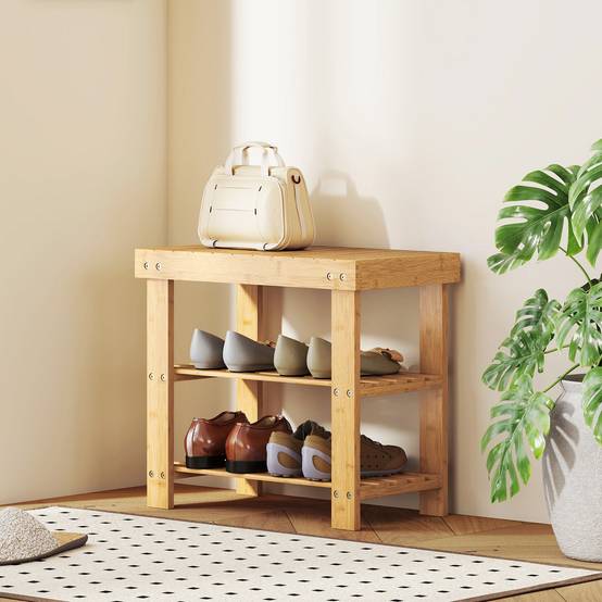 Banc à chaussures en bambou naturel, étagère à chaussures à 2 niveaux, siège intégré, pour entrée, couloir, 50 x 28 x 45 cm - Image 4