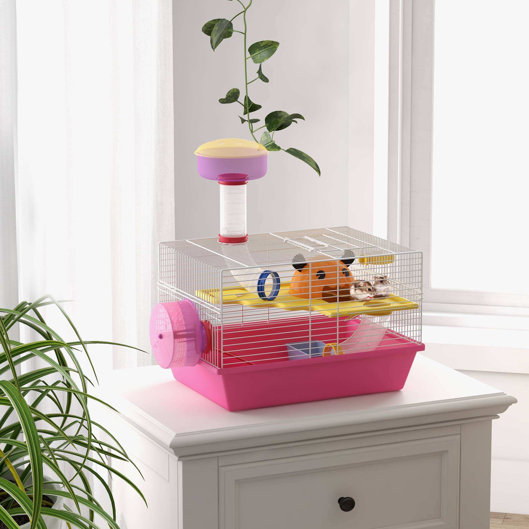 Sans Marque - Cage hamster gamelle eau roue exercice tour observation maisonnette 34x27x25 cm rose - Image 3