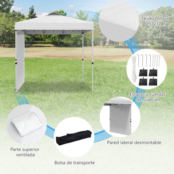 Tente de jardin pliante 2,5 x 2,5 m, hauteur réglable, protection UV, 1 paroi latérale et sacs de lestage, blanche - Image 8