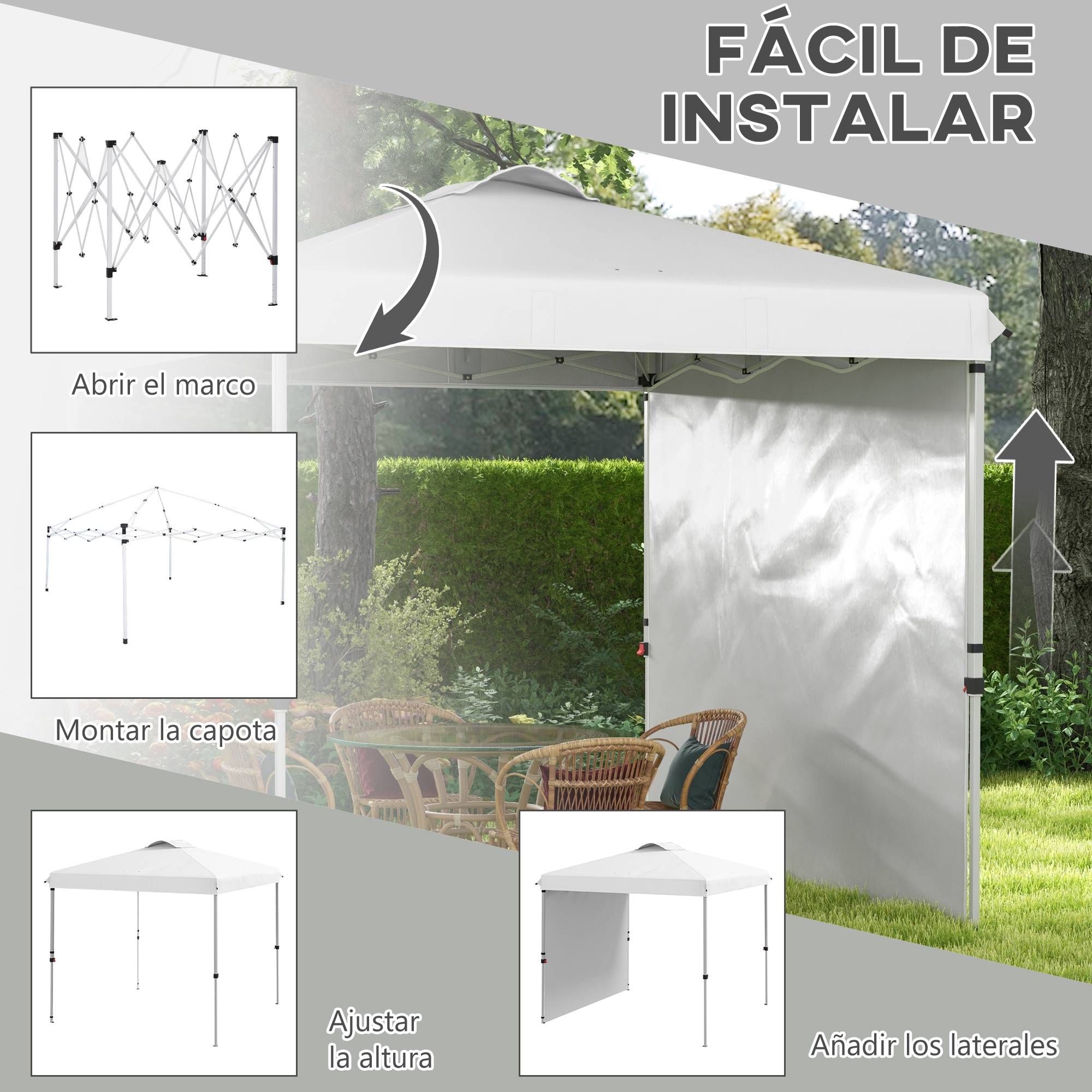 Tente de jardin pliante 2,5 x 2,5 m, hauteur réglable, protection UV, 1 paroi latérale et sacs de lestage, blanche - Image 6