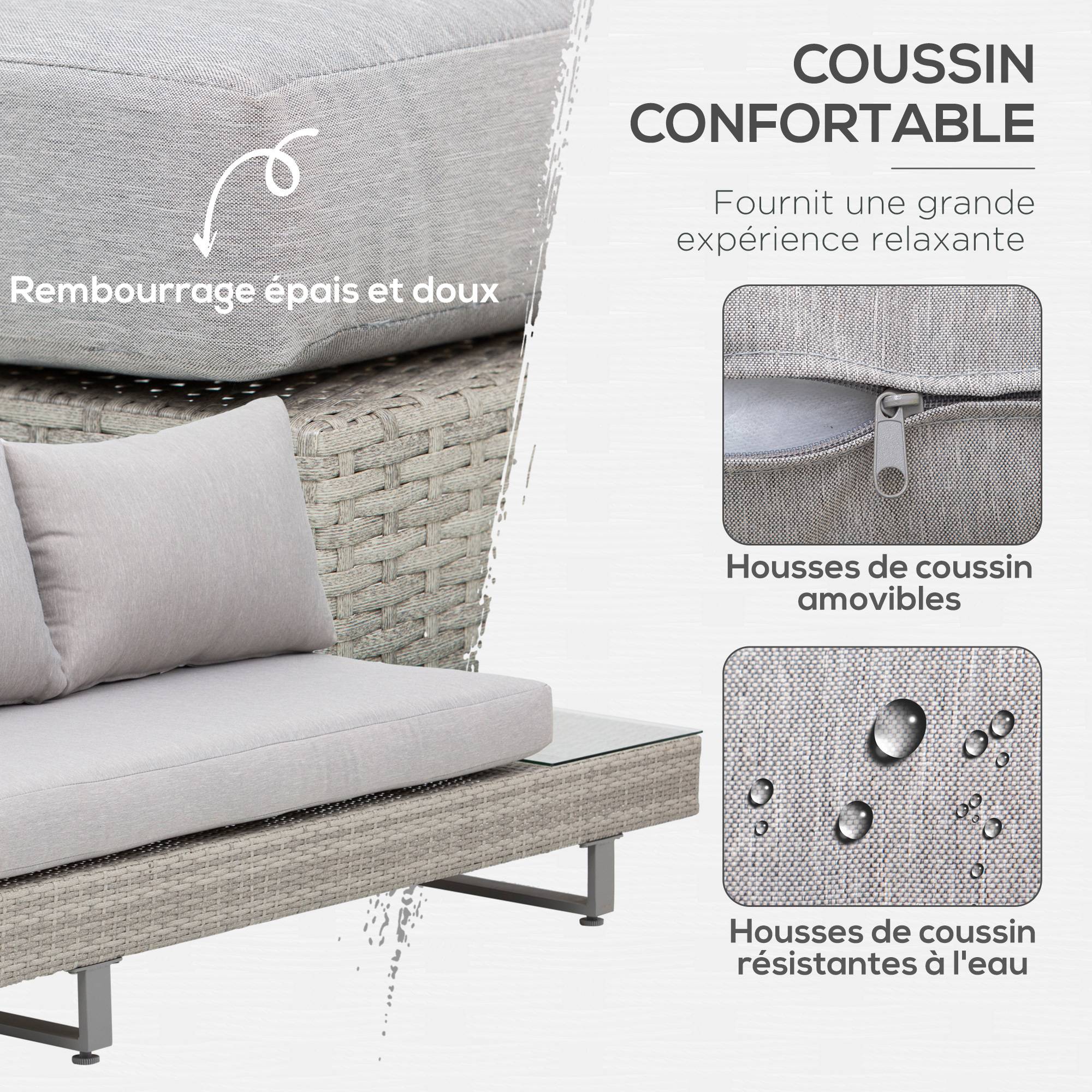 Maison Chic - Salon de jardin extérieur d'angle 5 places design contemporain coussins déhoussables table basse acier époxy résine tressée grise - Image 7