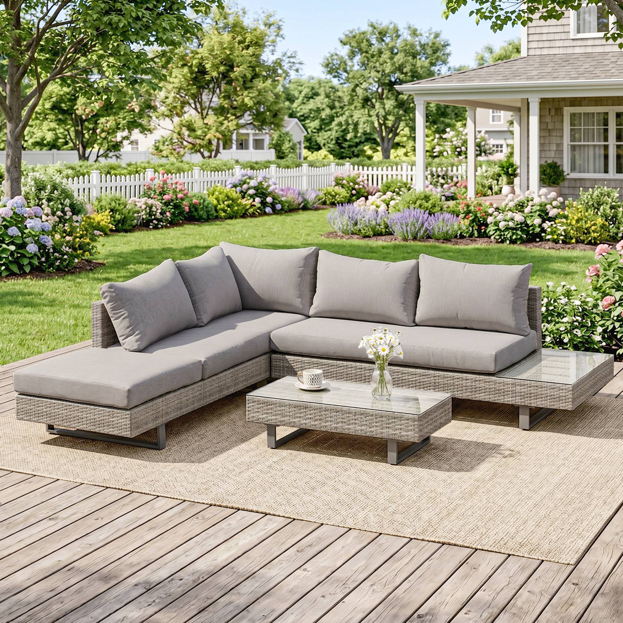 Maison Chic - Salon de jardin extérieur d'angle 5 places design contemporain coussins déhoussables table basse acier époxy résine tressée grise - Image 2