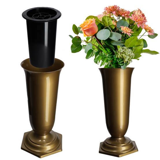 Vase Flacon Fleurs Pierre Tombale Cimetière Pierre Tombale Insert Base Or 37cm - Image 1