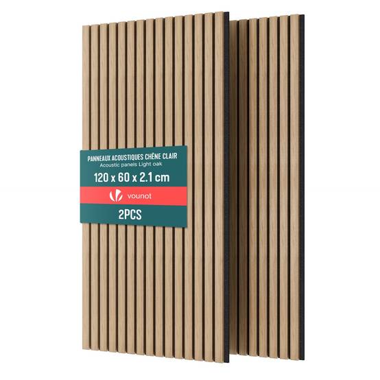Lot de 2 panneaux acoustiques muraux Tasseaux en bois MDF avec feutre noir 120x60x2.1cm chene clair - Image 1