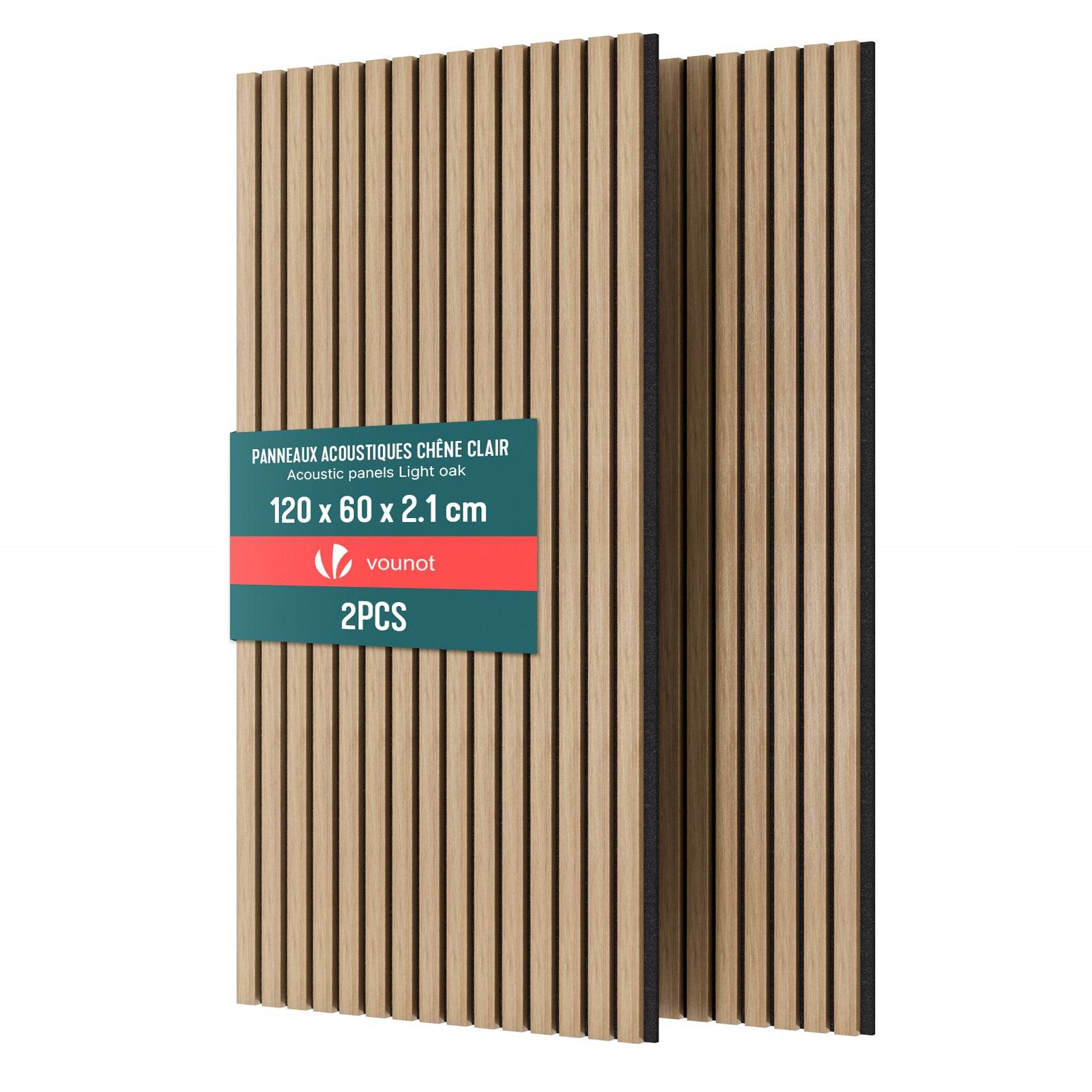 Lot de 2 panneaux acoustiques muraux Tasseaux en bois MDF avec feutre noir 120x60x2.1cm chene clair - Image 1
