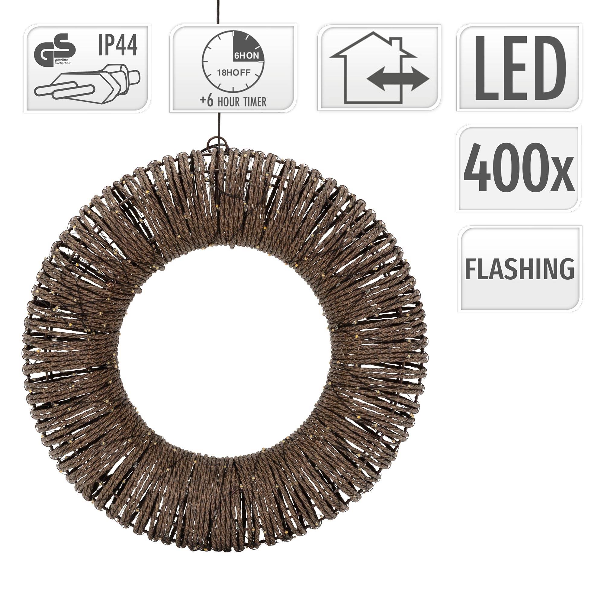 Ecd-Germany - Couronne lumineuse de Noël LED Ø 38 cm, 400 lumières blanc chaud, effet scintillant, en corde et métal, minuterie intégrée, intérieur / extérieur - Image 4