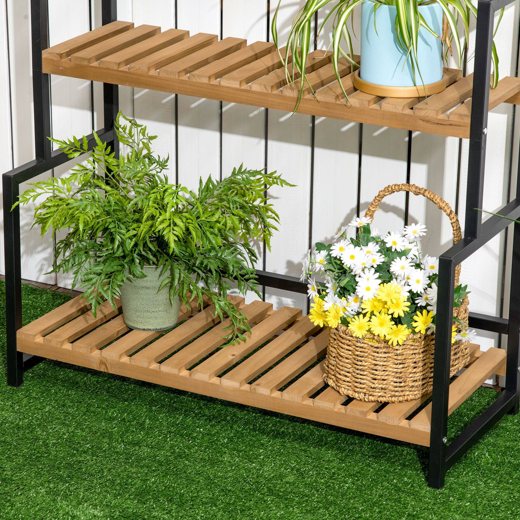 tagre plantes 3 niveaux mtal bois intrieur extrieur support pots  80x36x174cm naturel - ComfortXL Outdoor Living - Gamm vert