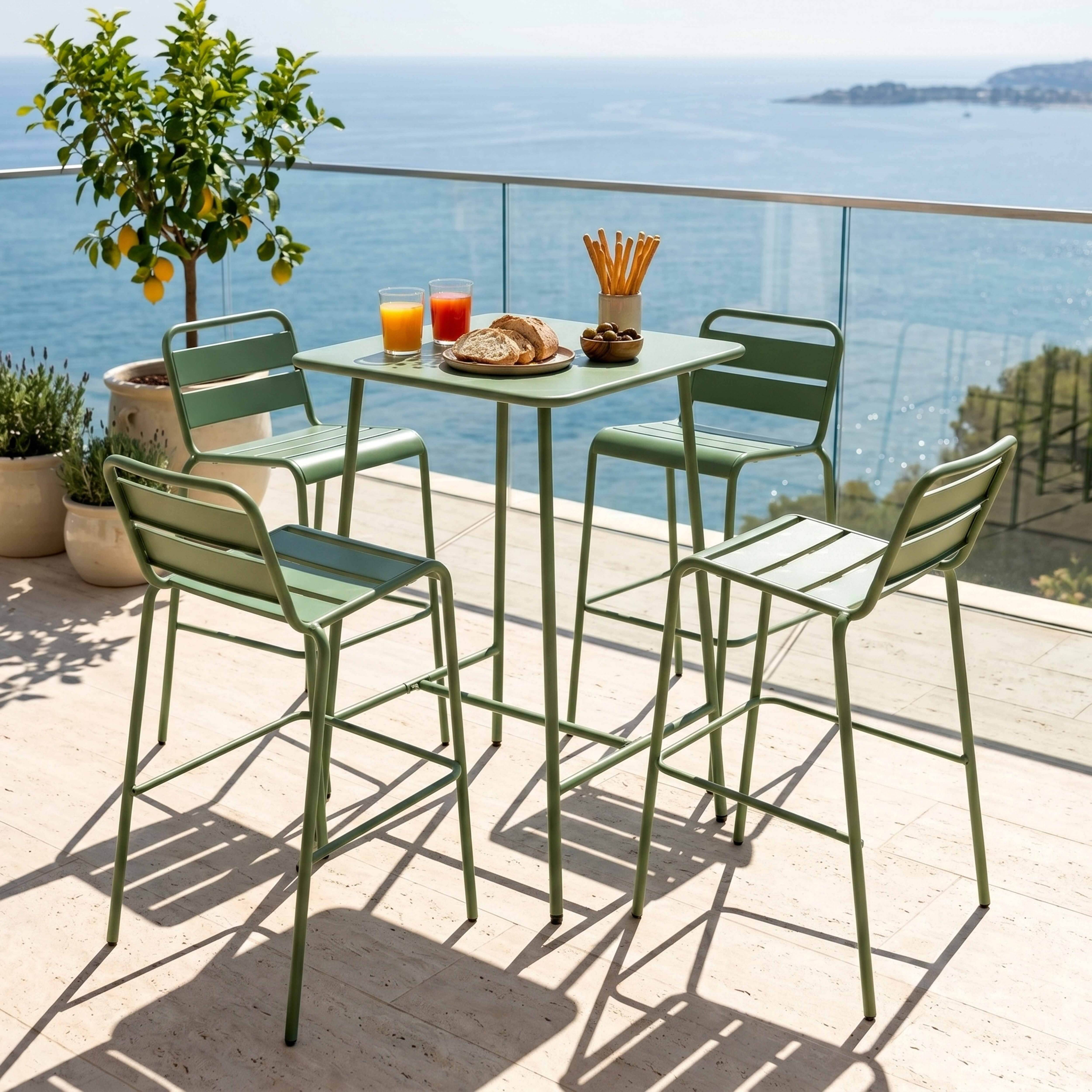 Oviala - Ensemble table de bar et 4 chaises hautes en métal vert cactus Palavas - Oviala - Image 2