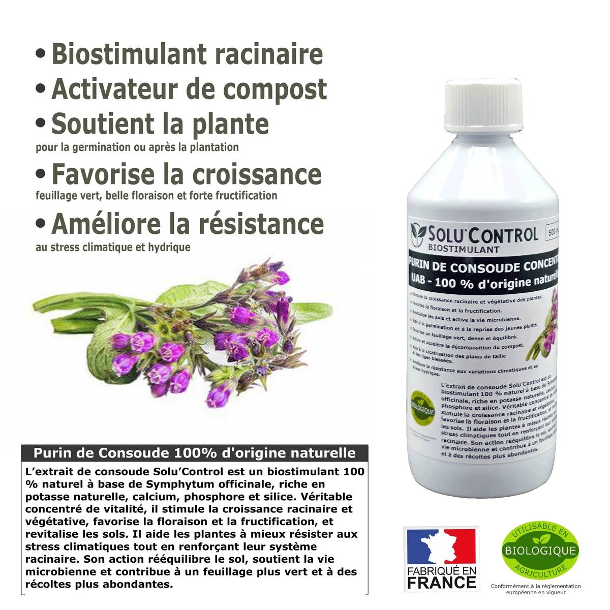 Tout pour les nuisibles - SOLU'CONTROL - Purin de Consoude - 500 ml Concentré Biostimulant Racinaire, Favorise la Croissance et la Floraison - Image 3