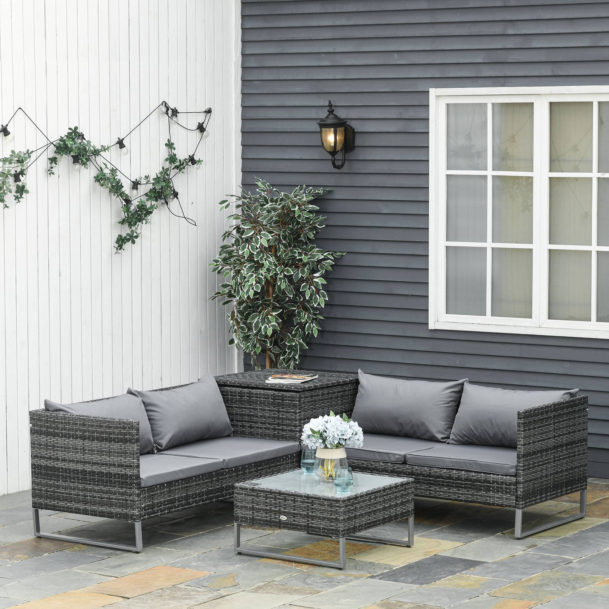 Outsunny - Ensemble salon de jardin d'angle 4 places - table basse, coffre - coussins assise déhoussables - métal époxy résine tressée gris - Outsunny - Image 2