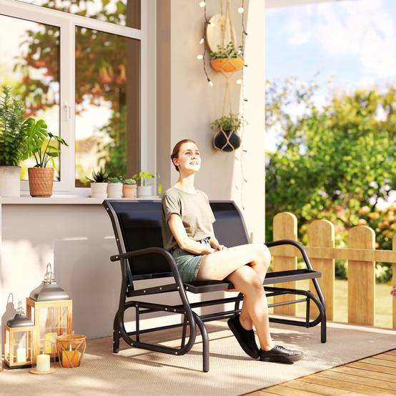 Banc à Bascule 2 Places Métal Textilène Jardin Terrasse Fonction Balancelle Noir - ComfortXL Outdoor Living - Image 3