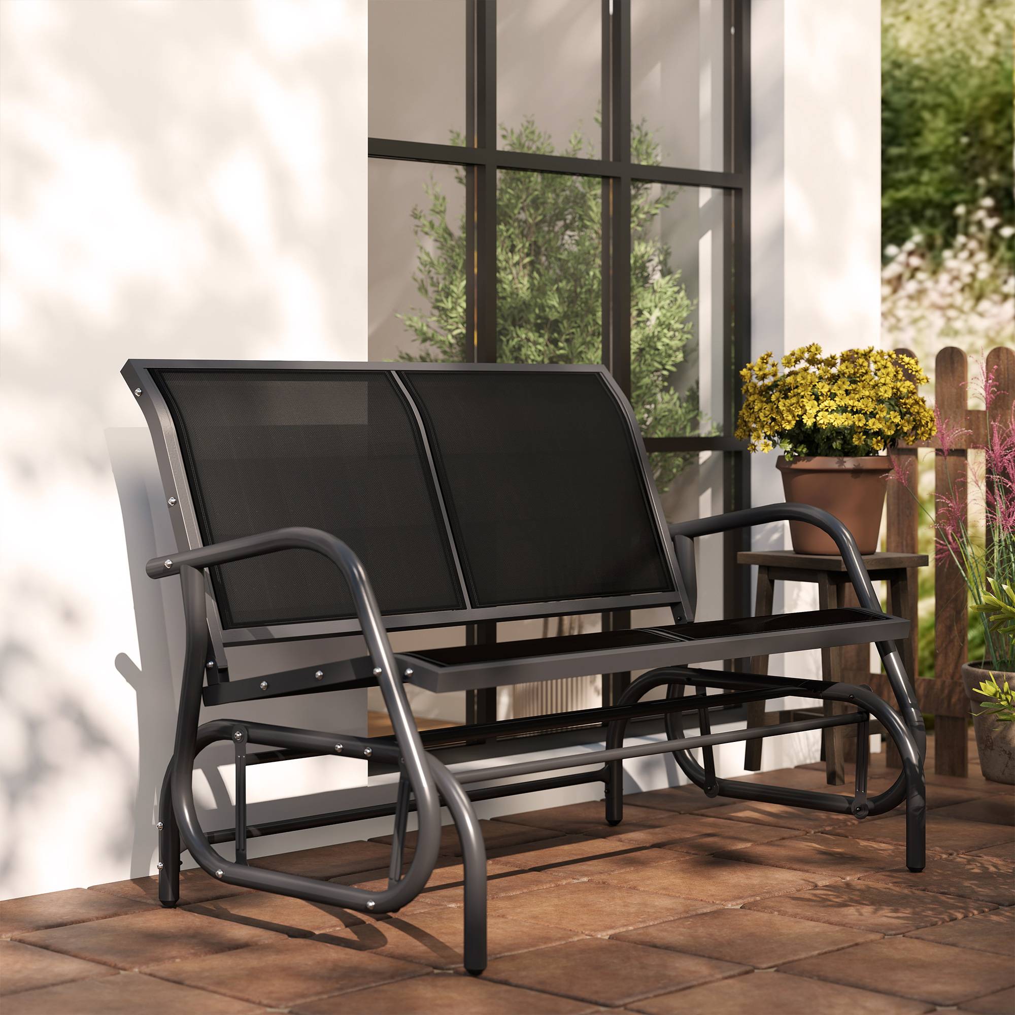 Banc à Bascule 2 Places Métal Textilène Jardin Terrasse Fonction Balancelle Noir - ComfortXL Outdoor Living - Image 10