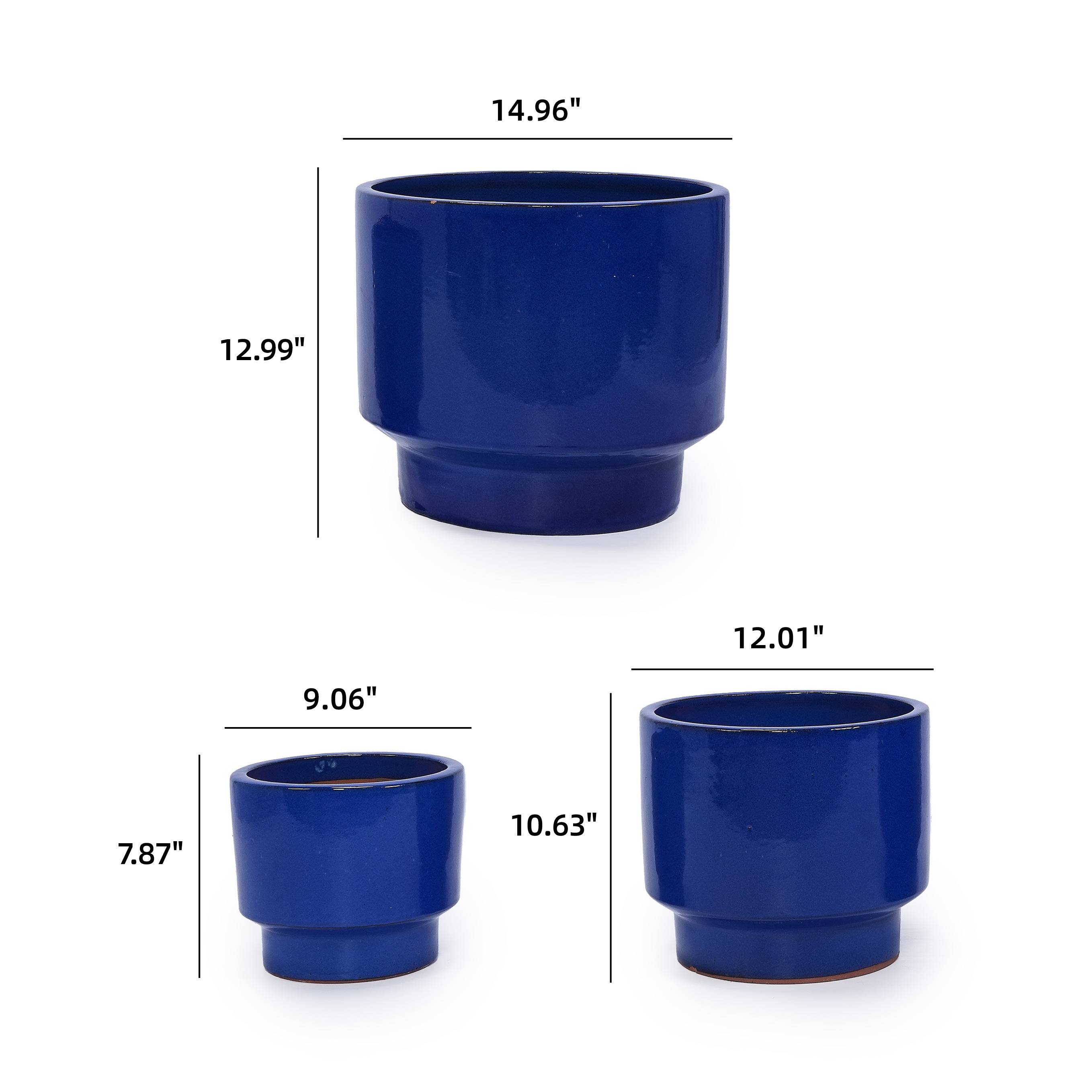 PANGIVO - Ensemble de 3 pots de fleurs en céramique, finition bleue unie, Ø 38,1/30,5/22,9 cm - PANGIVO - Image 9