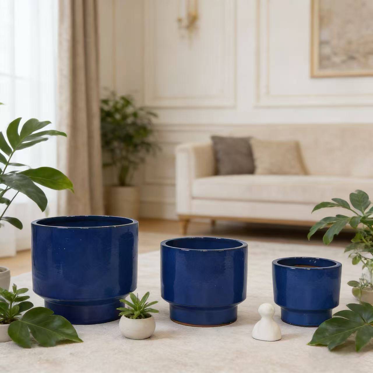 PANGIVO - Ensemble de 3 pots de fleurs en céramique, finition bleue unie, Ø 38,1/30,5/22,9 cm - PANGIVO
