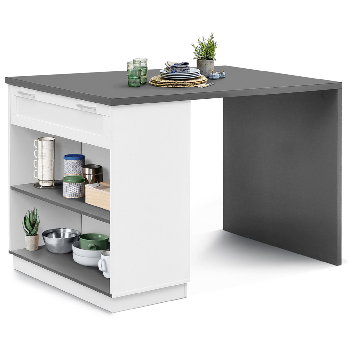 Ilot central mange-debout 4 personnes VITO 130 cm blanc et plateau gris - Image 2