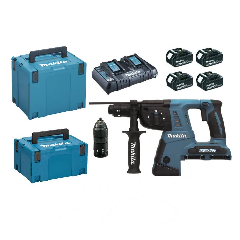 Perforateur-Burineur SDS+ 36V (2x18V) - 2.5J - MAKITA - avec 4 batteries 5Ah + 1 chargeur rapide + 2 MakPak + accessoires - DHR264PT4J - Image 1