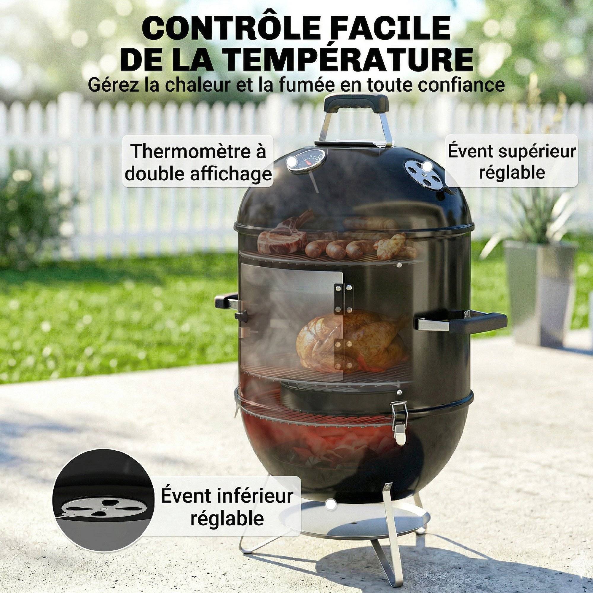 Fumoir barbecue 3 en 1 métal inox pour jardin cuisson lente polyvalente 91 cm noir - ComfortXL Outdoor Living - Image 8