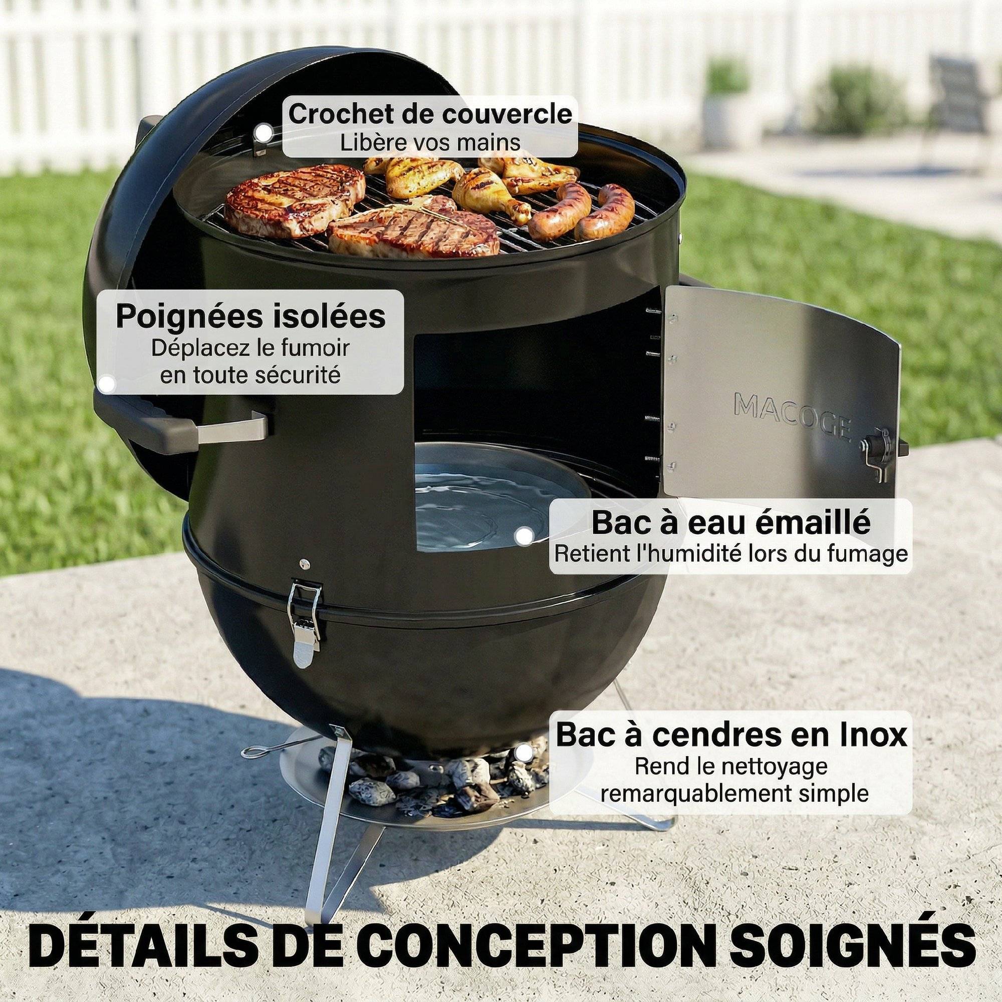 Fumoir barbecue 3 en 1 métal inox pour jardin cuisson lente polyvalente 91 cm noir - ComfortXL Outdoor Living - Image 10