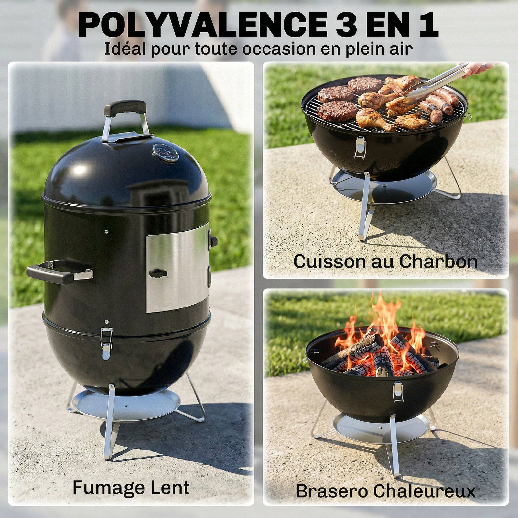 Fumoir barbecue 3 en 1 métal inox pour jardin cuisson lente polyvalente 91 cm noir - ComfortXL Outdoor Living - Image 6