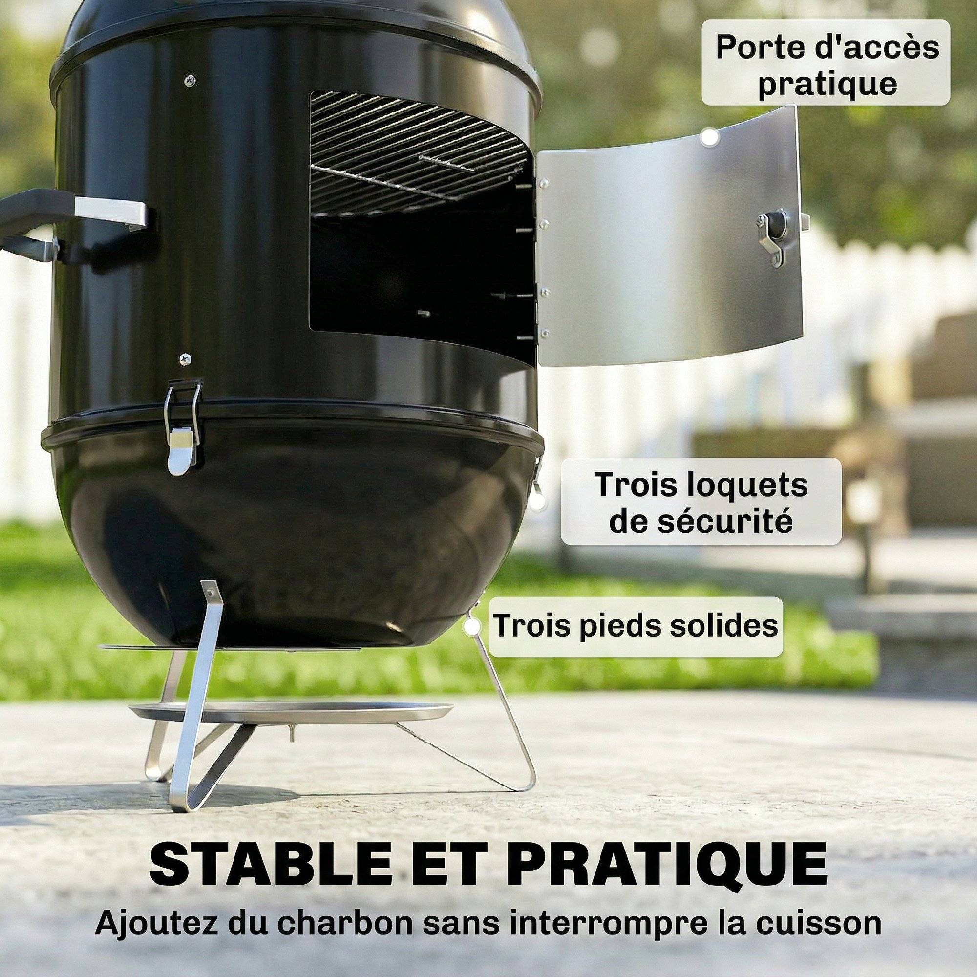 Fumoir barbecue 3 en 1 métal inox pour jardin cuisson lente polyvalente 91 cm noir - ComfortXL Outdoor Living - Image 9