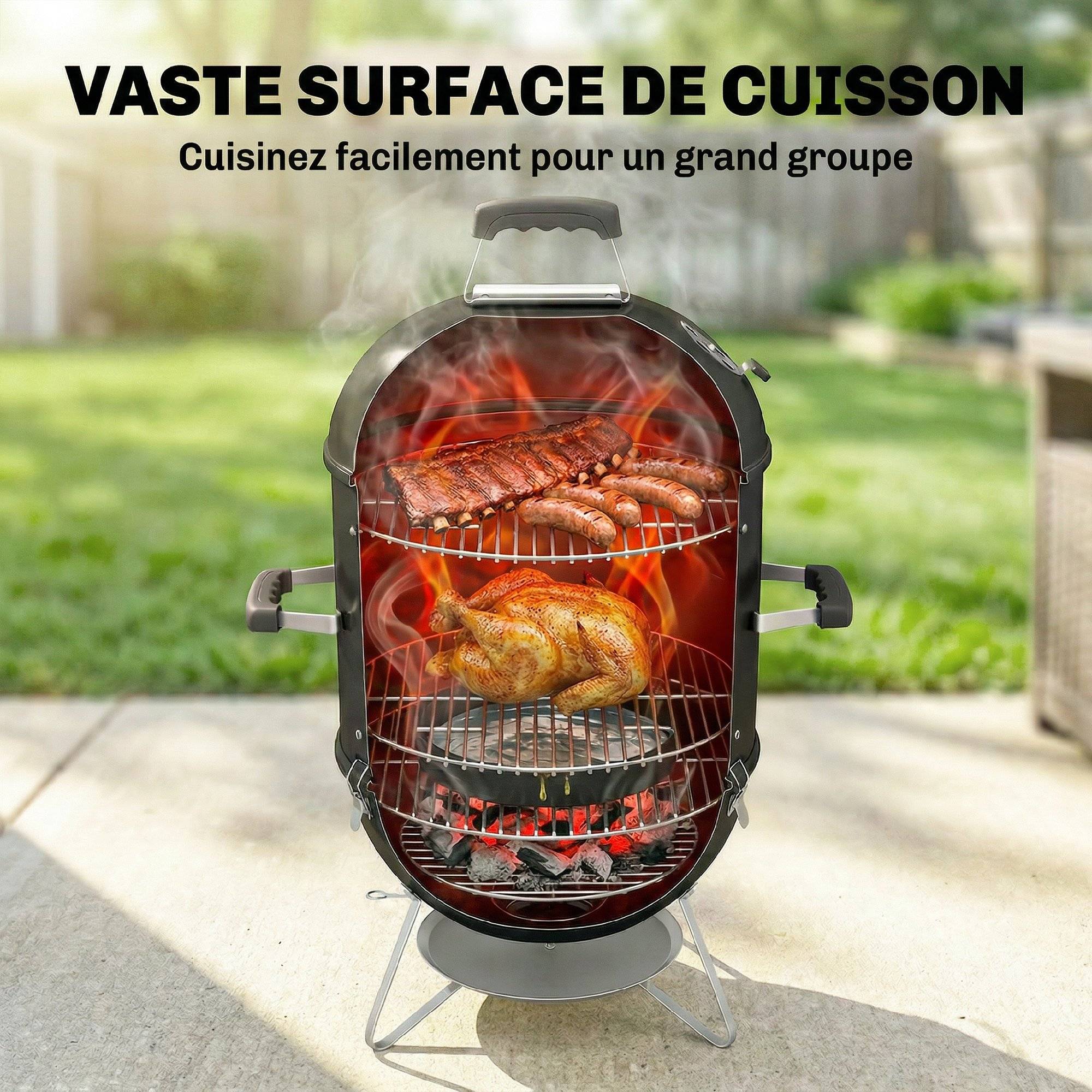 Fumoir barbecue 3 en 1 métal inox pour jardin cuisson lente polyvalente 91 cm noir - ComfortXL Outdoor Living - Image 7