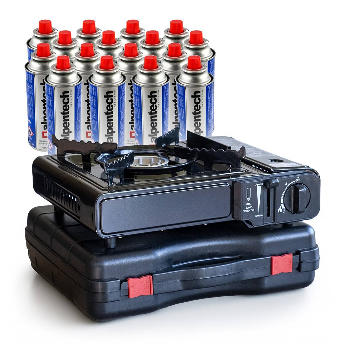 Réchaud à gaz portable 2200W + 16 cartouches de gaz Camping Cuisine Extérieure - Image 1