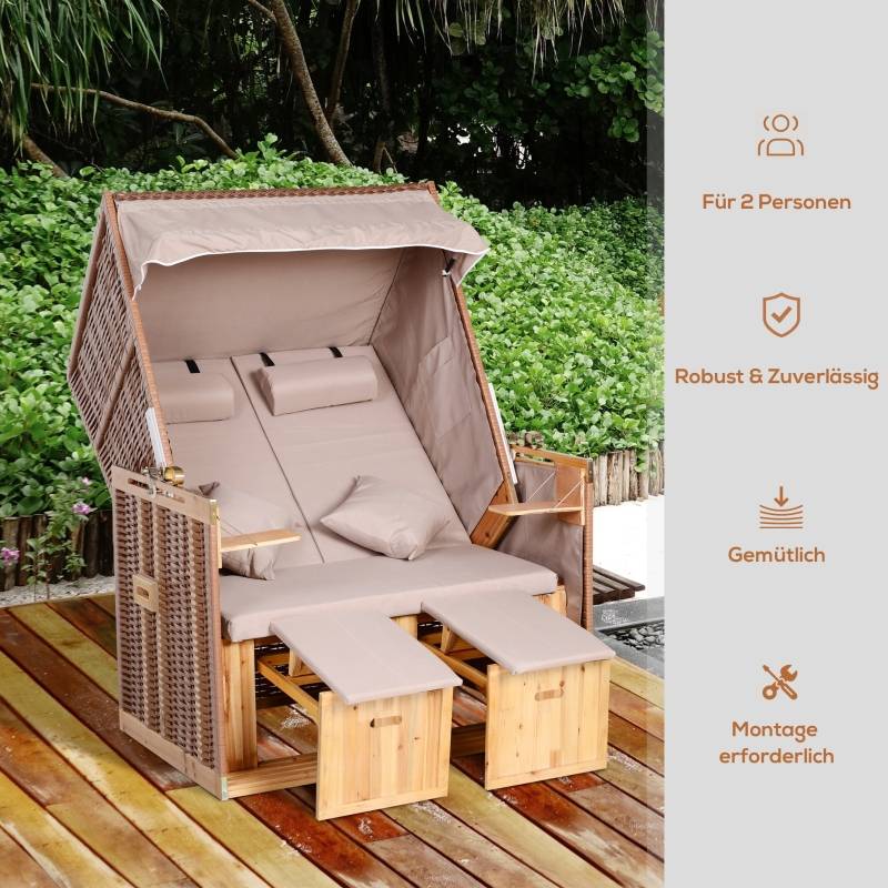 Cabine de plage 2 places bois et résine tressée jardin inclinable 118cm Beige - ComfortXL Outdoor Living - Image 7