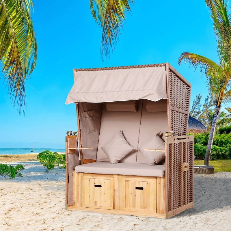 Cabine de plage 2 places bois et résine tressée jardin inclinable 118cm Beige - ComfortXL Outdoor Living