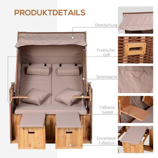 Cabine de plage 2 places bois et résine tressée jardin inclinable 118cm Beige - ComfortXL Outdoor Living - Image 5