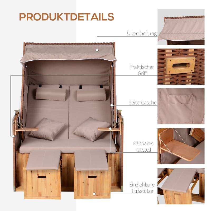 Cabine de plage 2 places bois et résine tressée jardin inclinable 118cm Beige - ComfortXL Outdoor Living - Image 5