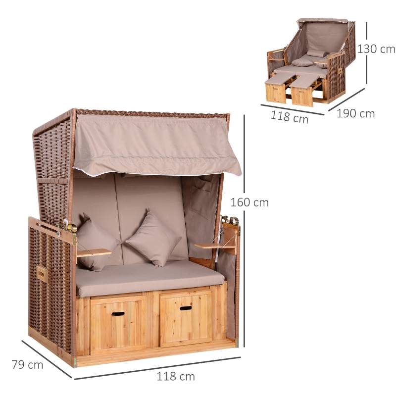 Cabine de plage 2 places bois et résine tressée jardin inclinable 118cm Beige - ComfortXL Outdoor Living - Image 3