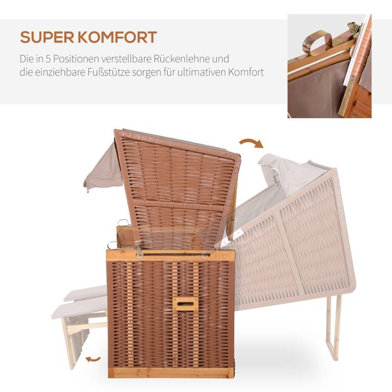Cabine de plage 2 places bois et résine tressée jardin inclinable 118cm Beige - ComfortXL Outdoor Living - Image 4