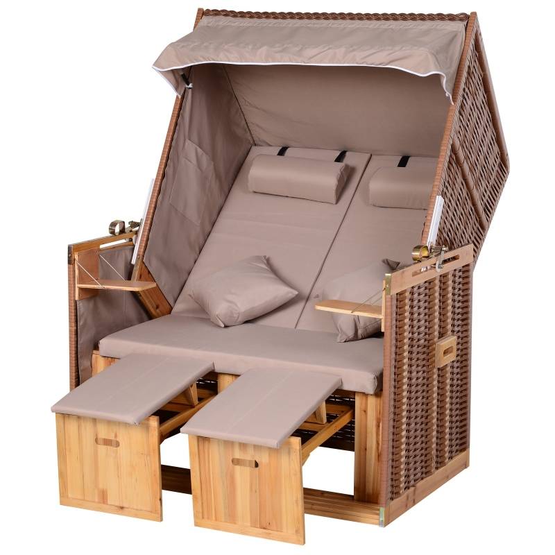 Cabine de plage 2 places bois et résine tressée jardin inclinable 118cm Beige - ComfortXL Outdoor Living - Image 2