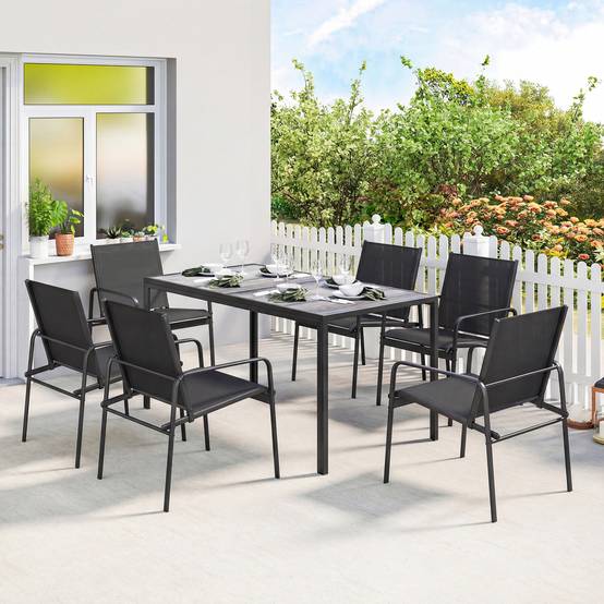 Salon de jardin : table 150x80 cm aspect bois + 6 chaises respirantes, cadre acier, noir - Image 2