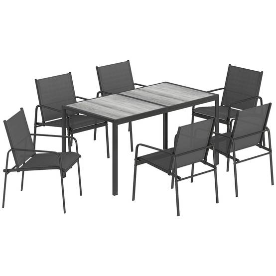 Salon de jardin : table 150x80 cm aspect bois + 6 chaises respirantes, cadre acier, noir - Image 1