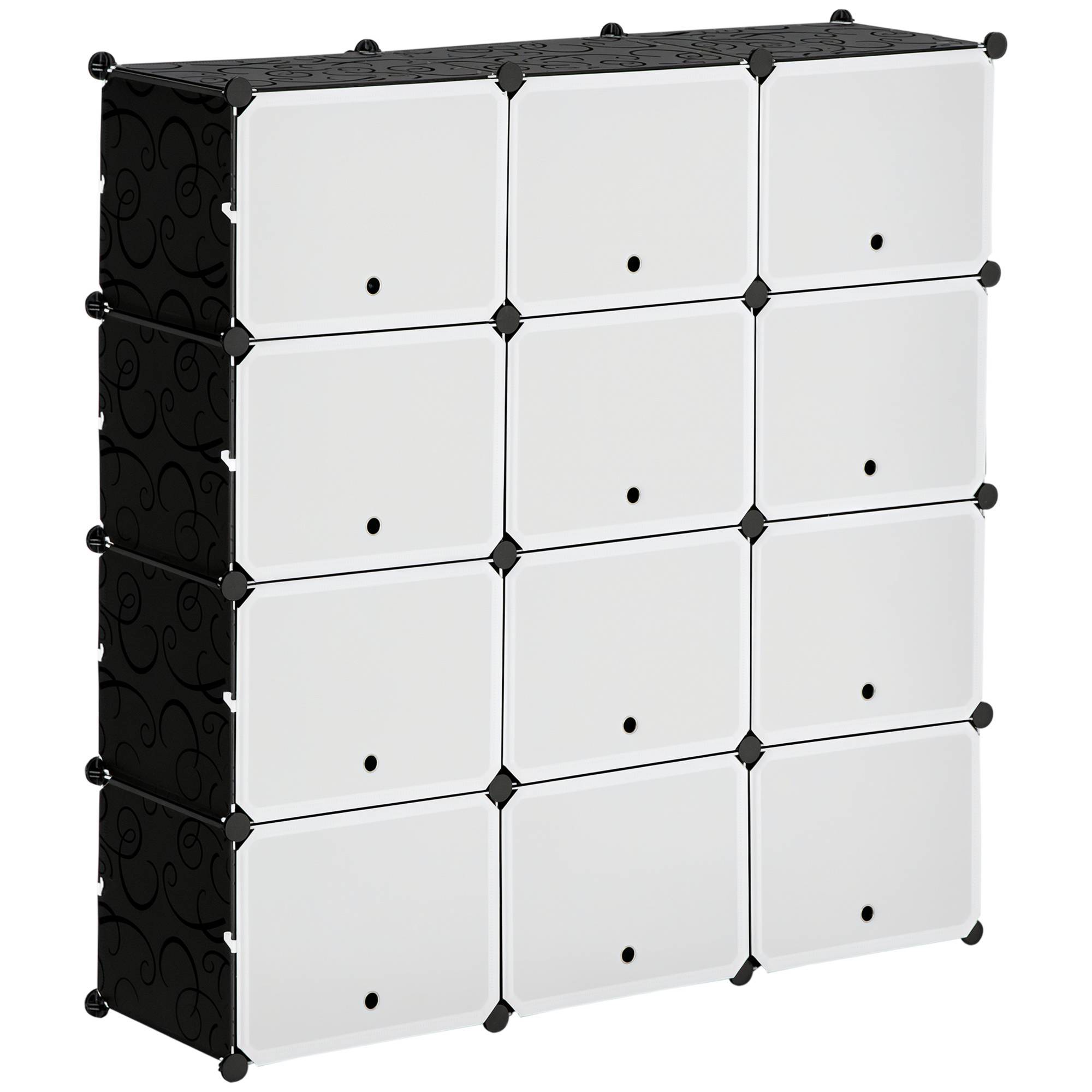 Système d'étagères modulaires, étagère à emboîter, composée de 12 cubes de 125 x 32 x 125 cm, plastique et acier noir. - Image 1