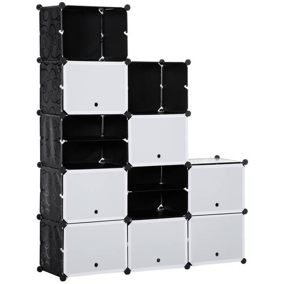Système d'étagères modulaires, étagère à emboîter, composée de 12 cubes de 125 x 32 x 125 cm, plastique et acier noir. - Image 2