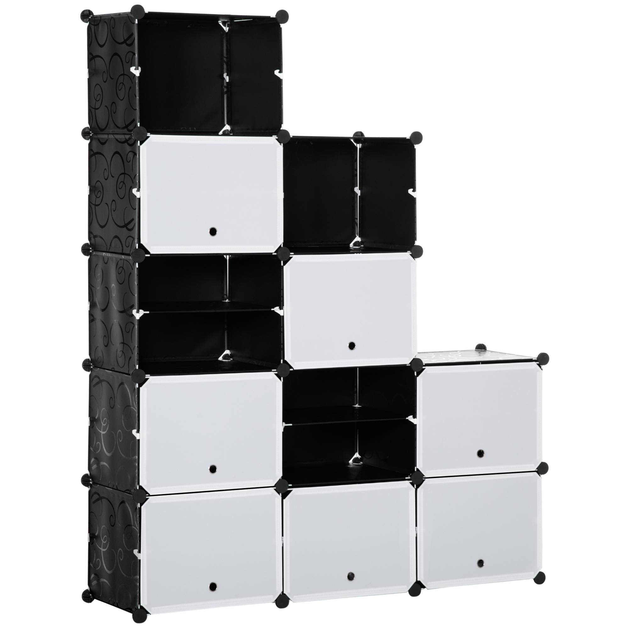 Système d'étagères modulaires, étagère à emboîter, composée de 12 cubes de 125 x 32 x 125 cm, plastique et acier noir. - Image 2