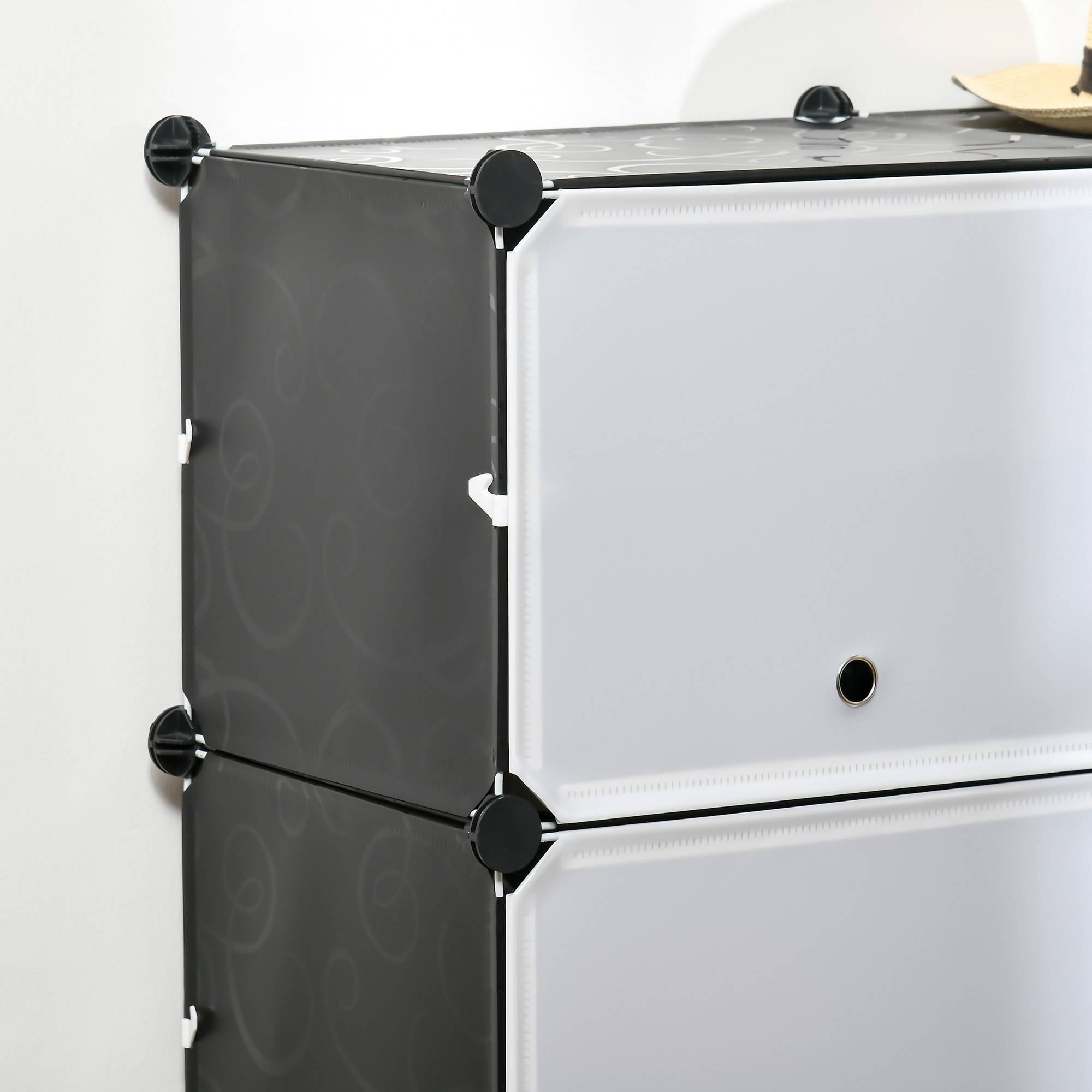 Système d'étagères modulaires, étagère à emboîter, composée de 12 cubes de 125 x 32 x 125 cm, plastique et acier noir. - Image 10