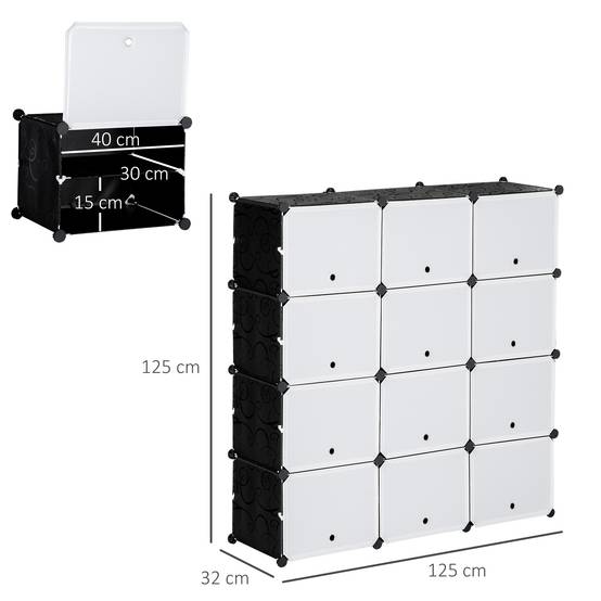 Système d'étagères modulaires, étagère à emboîter, composée de 12 cubes de 125 x 32 x 125 cm, plastique et acier noir. - Image 5