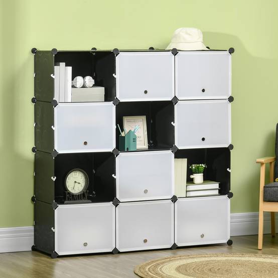 Système d'étagères modulaires, étagère à emboîter, composée de 12 cubes de 125 x 32 x 125 cm, plastique et acier noir. - Image 4