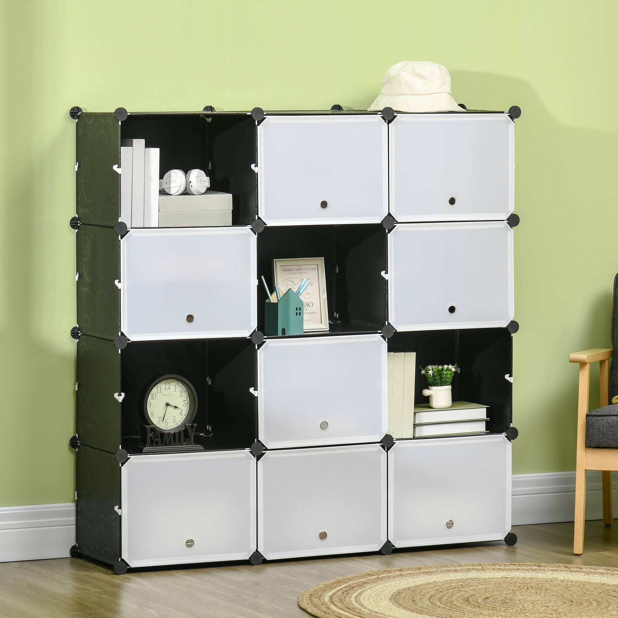 Système d'étagères modulaires, étagère à emboîter, composée de 12 cubes de 125 x 32 x 125 cm, plastique et acier noir. - Image 4