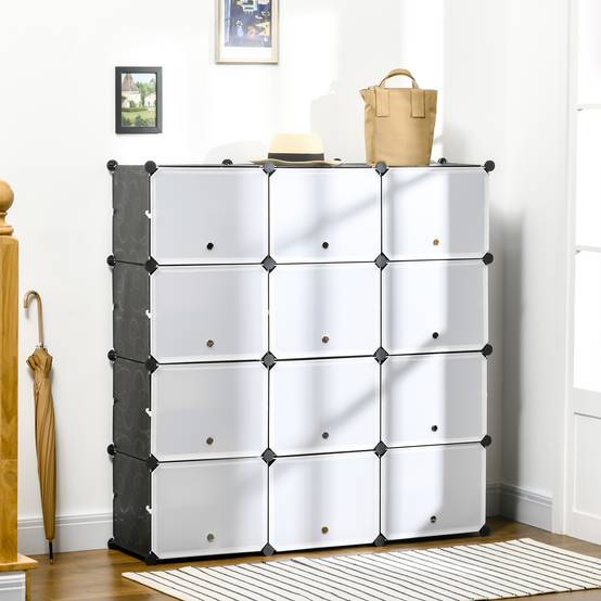 Système d'étagères modulaires, étagère à emboîter, composée de 12 cubes de 125 x 32 x 125 cm, plastique et acier noir. - Image 3