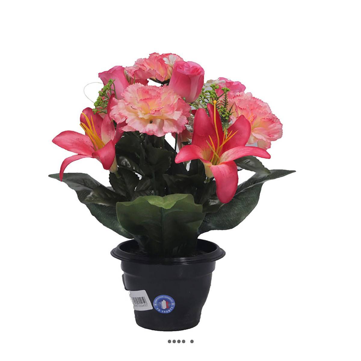 Artificielles - Pot fleurs artificielles pour le cimetière oeillets et lys Rose soutenu - couleur: Rose soutenu - Image 2