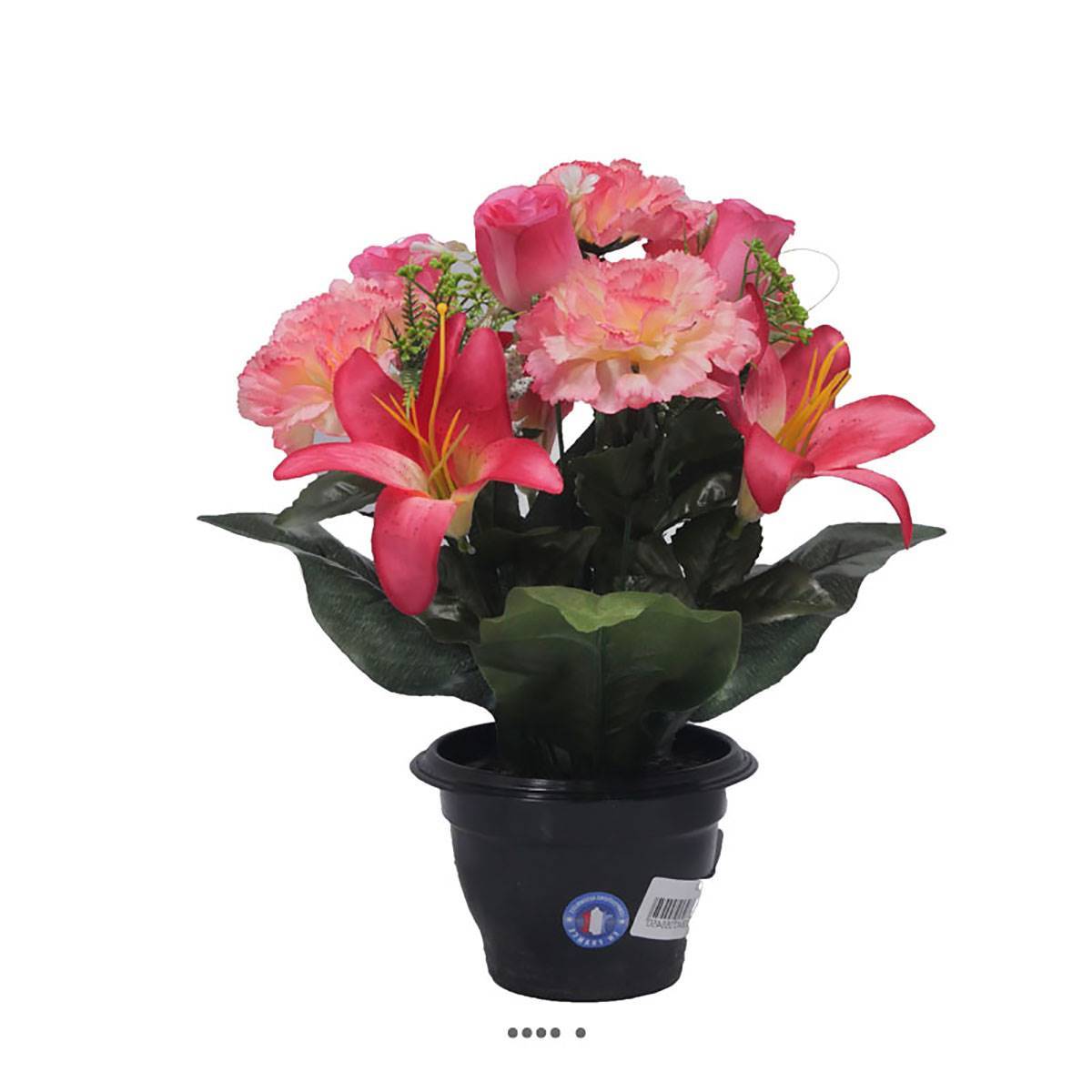 Artificielles - Pot fleurs artificielles pour le cimetière oeillets et lys Rose soutenu - couleur: Rose soutenu - Image 1