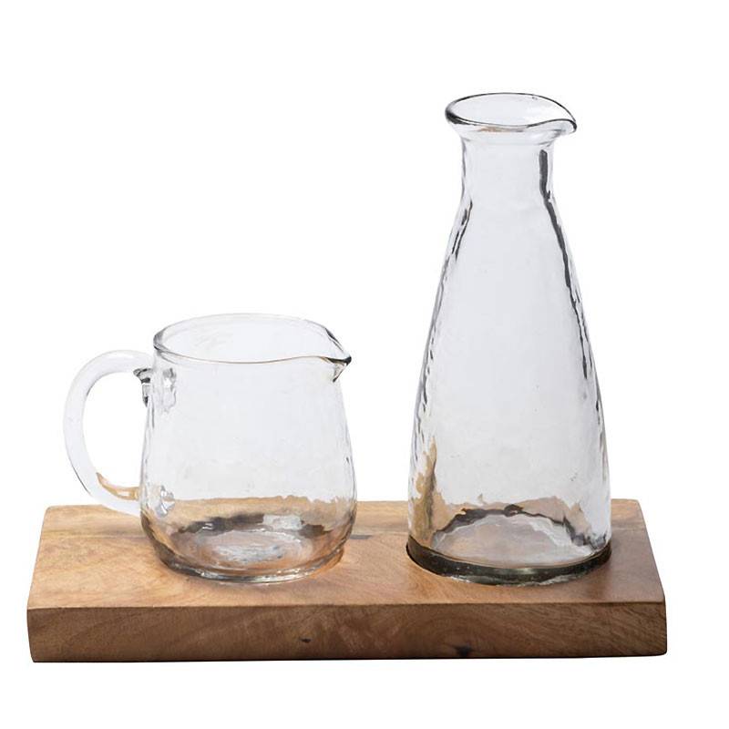 Duo Huilier et Vinaigrier en Verre sur Plateau en Bois de Manguier 19x11x22cm - Image 2