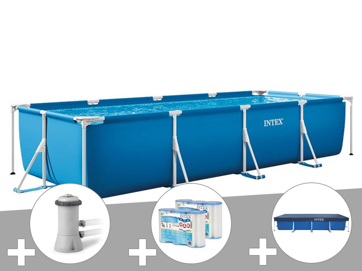 Kit piscine tubulaire rectangulaire Intex 4,50 x 2,20 x 0,84 m + Filtration à cartouche + 6 cartouches de filtration + Bâche de protection - Image 1