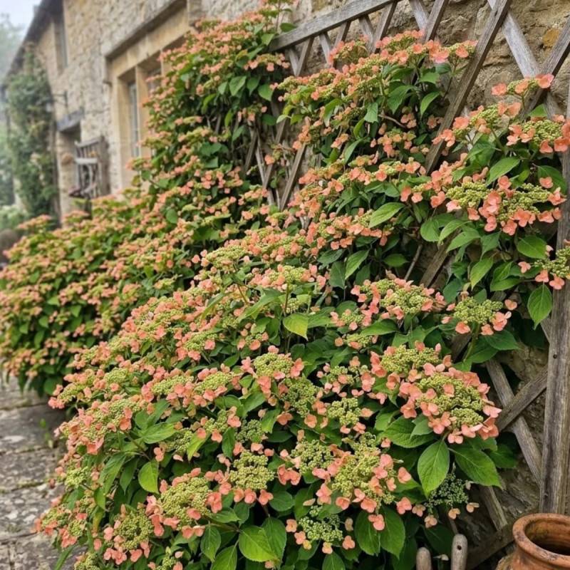 Hortensia grimpant Crug Coral à fleurs Blanche - feuillage Semi-Persistant - Pot de 1,5L - Tuteur bambou 30/60 cm-  hauteur à maturité De 1,00 m à 1,5 - Image 3