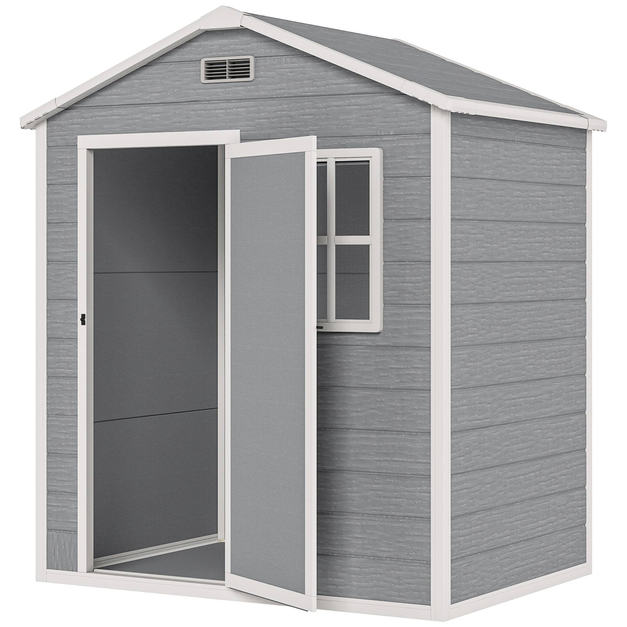 Abri de jardin en plastique gris avec plancher, fenêtre, porte verrouillable et aérations. - Image 2