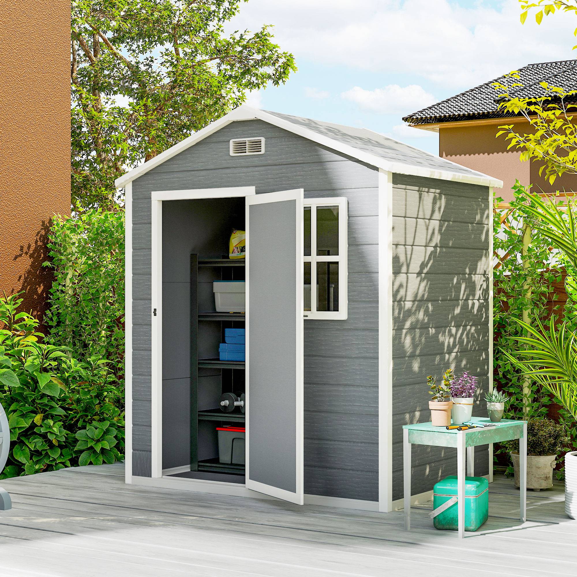 Abri de jardin en plastique gris avec plancher, fenêtre, porte verrouillable et aérations. - Image 3